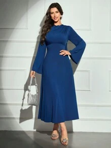 Modelyn Women Elegant Solid Color Round Neck Long Sleeve Midi Dress For Commute Long Evening Dresses - Blue - View 5
