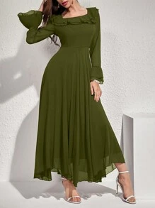 Modelyn 女士优雅纯色喇叭袖荷叶边下摆长裙，秋季长款女士服装长款晚礼服女秋季服装 - 橄欖綠 - 查看 4