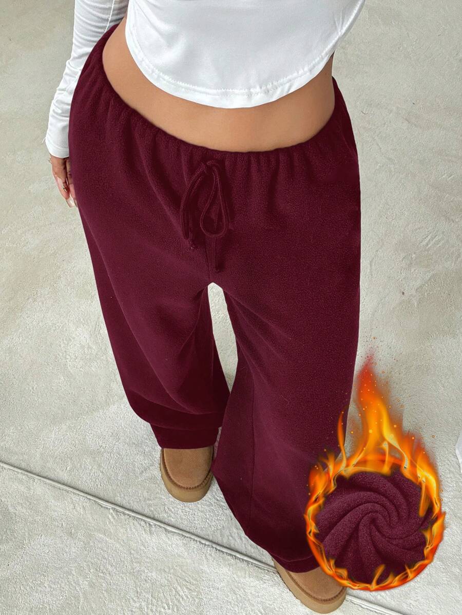 SHEIN EZwear 女士纯色前系带休闲毛绒衬里长裤 - 酒紅色 - 查看 1