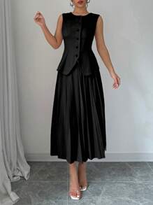 Elenzga 女士纯色前扣无袖上衣和裙子休闲套装 - 黑色 - 查看 4