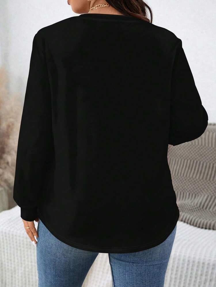 Casual Minimalist Rhinestone Print Skull Graphic Loose Fit Crew Neck Sweatshirt, Plus Size, Autumn/Winter
