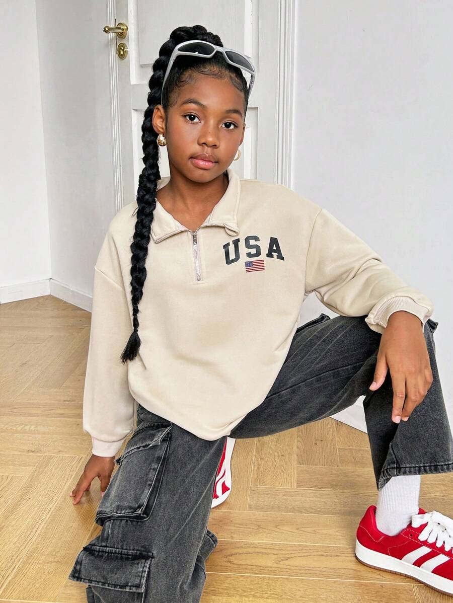 SHEIN Tween Girl 宽松休闲立领字母印花简约舒适长袖运动衫 - 杏色 - 查看 1