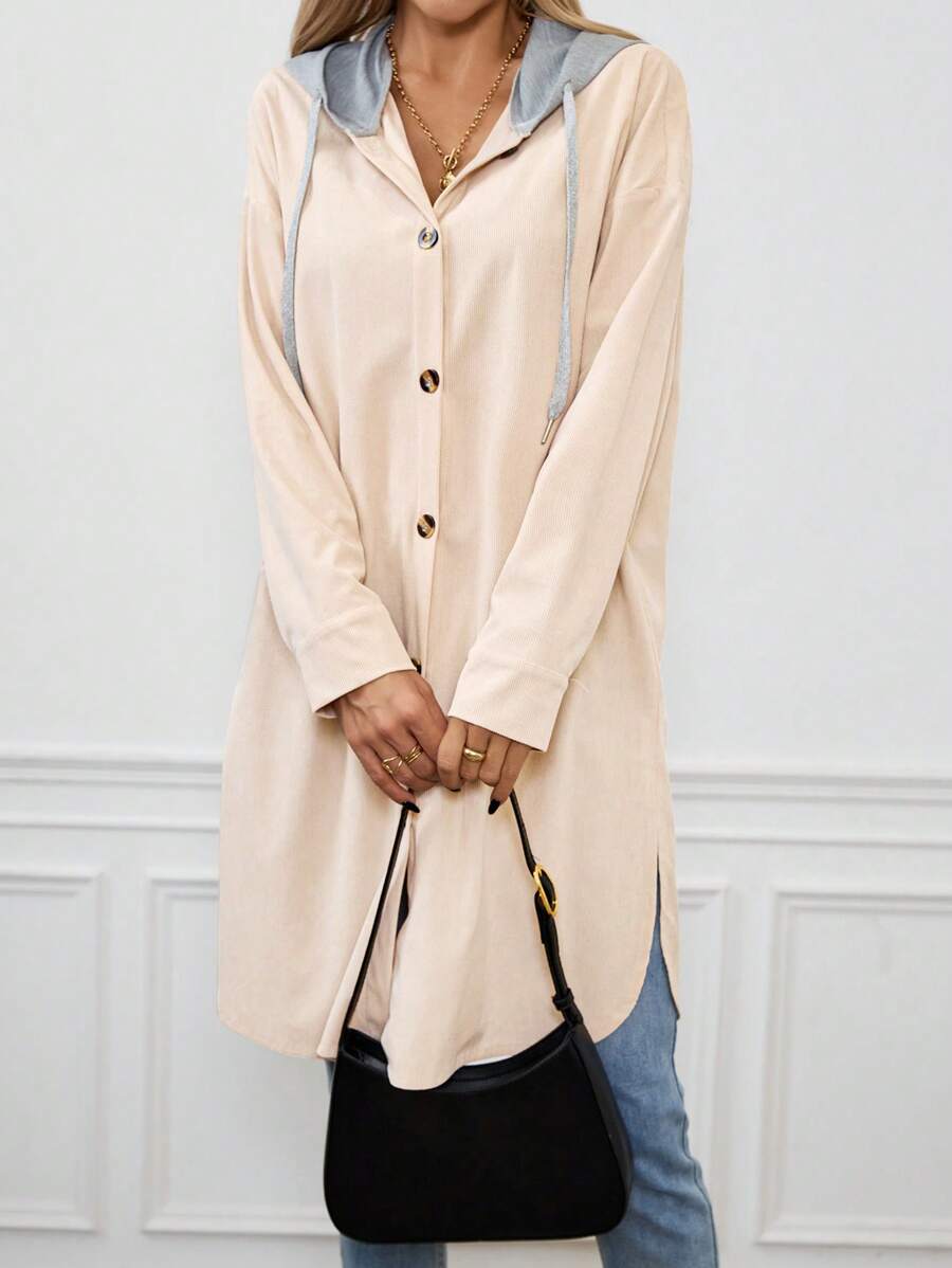 SHEIN LUNE Áo khoác thường ngày có mũ trùm đầu bằng vải nhung kẻ sọc màu khối đơn hàng mùa thu dành cho nữ - Màu Khaki - Xem 1