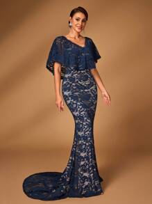 SHEIN Belle Elegant Navy Blue Stretch Lace V-Neck Shawl Splicing Lace Slim Fit Fishtail Train Suitable For Mother To Attend The Evening Dance Party Wedding Bride Mother Dress Heavy Industry Dinner Dress, Mother Of The Bride Dress - Navy Blue - View 6