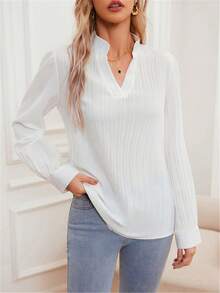 Elegant Long Sleeve V-Neck Shirt - White - View 3