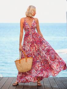 Vivid Eden Paisley Print Criss Cross Backless Cami Dress,Summer Clothing,Vacation Style,For Beach Vacation