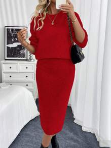 SHEIN Clasi 2 件套：长袖纯色毛衣和铅笔裙，休闲装秋冬季新年服装 - 紅色 - 查看 3