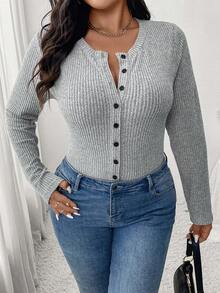 SHEIN Frenchy 大码纯色前扣长袖休闲紧身衣，适合冬季 - 灰色 - 查看 4