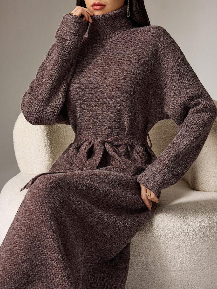 Heiryn 女士圆领长袖前系带针织毛衣连衣裙，休闲日常穿着 - 摩卡棕 - 查看 1