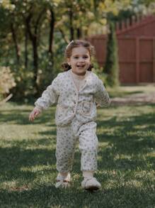 SHEIN 2 件装女婴复古碎花加厚棉袄套装，冬季韩版时尚