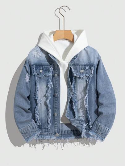 SHEIN 青少年男孩时尚休闲复古蓝色牛仔发型设计立领长袖牛仔夹克外套男孩酷装/男孩感恩节装男孩服装日常装和秋冬儿童服装
