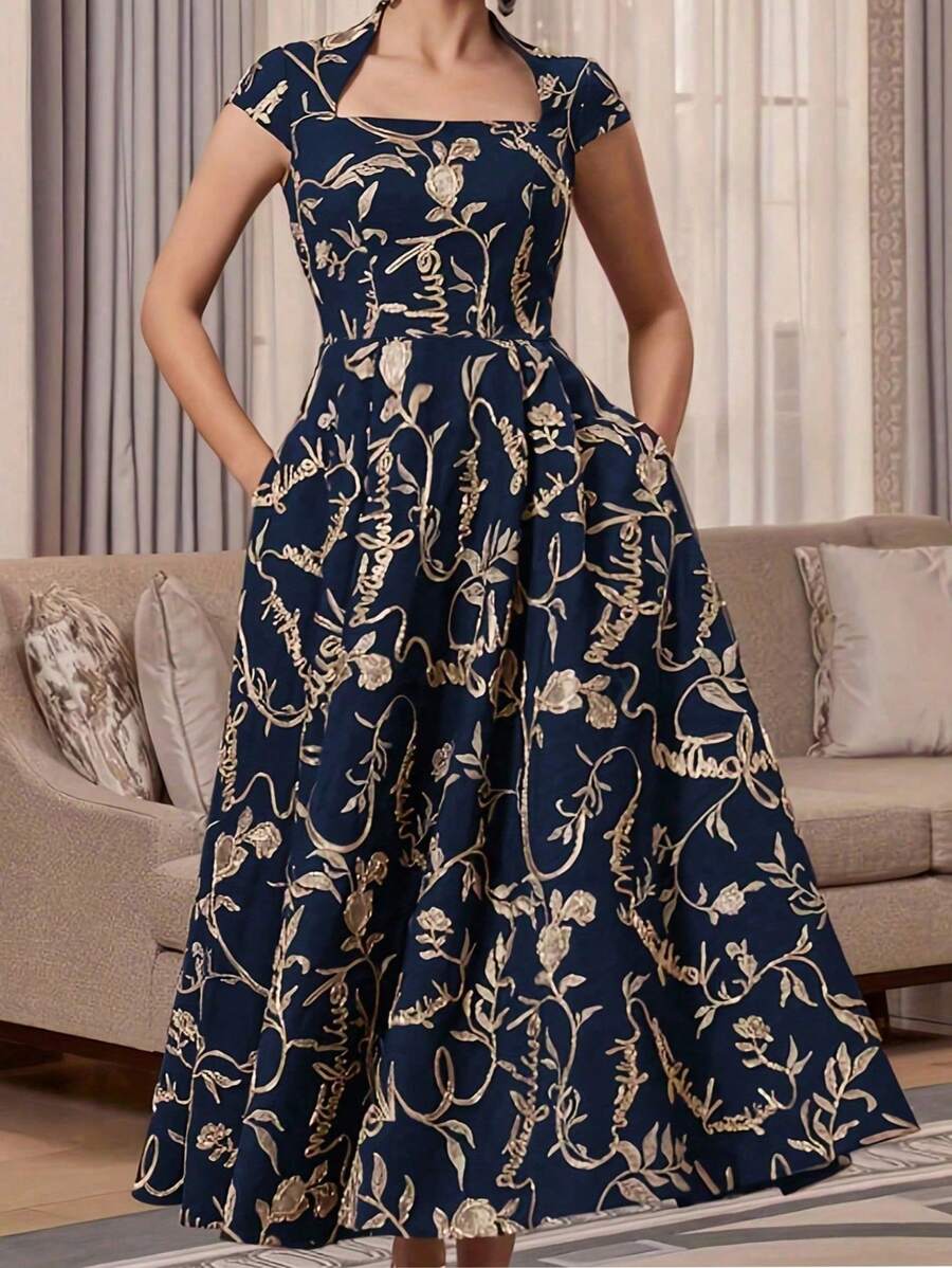 Women's Fashion Floral Print Swan Neck Batwing Sleeve Elegant Dress