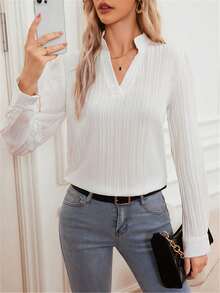 Elegant Long Sleeve V-Neck Shirt - White - View 1