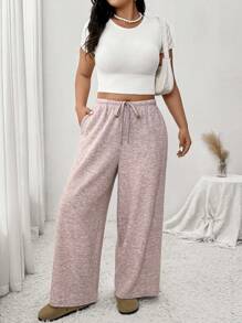 SHEIN Frenchy Plus Size Front Tie Pocket Minimalist Design Casual Long Pants - Grey - View 3