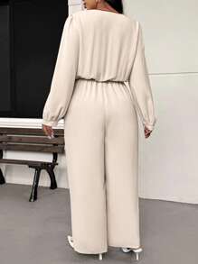 SHEIN Frenchy Plus Size Women's Apricot Color Waist Drawstring Jumpsuit With Contrast Color Bowknot Detail, Fashionable And Casual