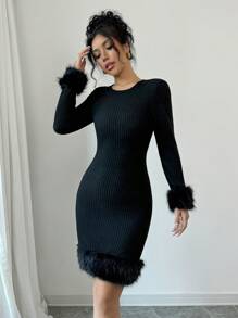Selianne 女士纯色圆领蓬松毛绒拼布长袖连衣裙 - 黑色 - 查看 3