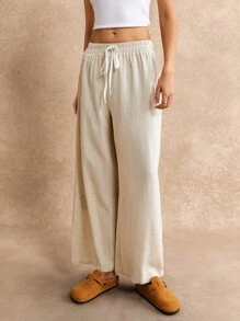 Poéselle 打结腰部阔腿裤 夏季度假长裤 - 米色 - 查看 8