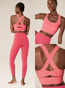 GLOWMODE FeatherFit™-Sculpt Full Coverage Side Support Wide Strap Crossover Sports Bra Light Support Low Impact Yoga Pilates Daily - Coral Pink - View 8