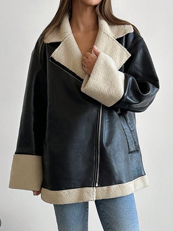 Aloruh New PU Leather Fluffy Lined Big Lapel Warm Jacket For Autumn/Winter