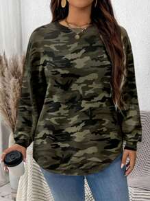 SHEIN LUNE Casual Minimalist Allover Print Camouflage Plus Size Loose Crew Neck Sweatshirt For Plus Size In Fall/Winter - Multicolor - View 1