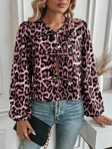 SHEIN Unity Leopard Print Tie-Up Crew Neck Front Opening Long Sleeve Shirt - Multicolor - View 3