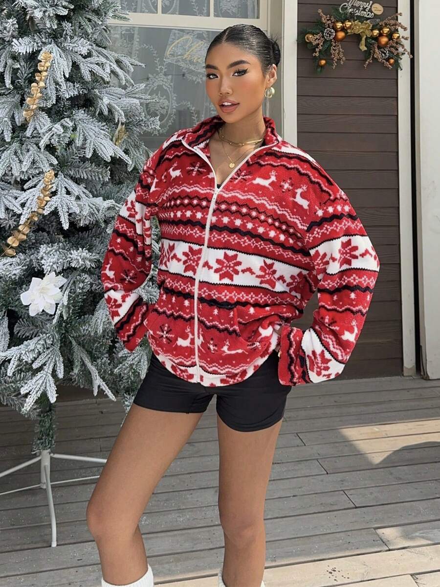 SHEIN EZwear 女士休闲几何印花羊毛夹克，适合圣诞节 - 紅色 - 查看 1