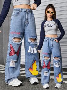 SHEIN Explorewe Teen Girl Ripped Graphic Print Straight Loose Fit Denim Jeans - Light Wash - View 1