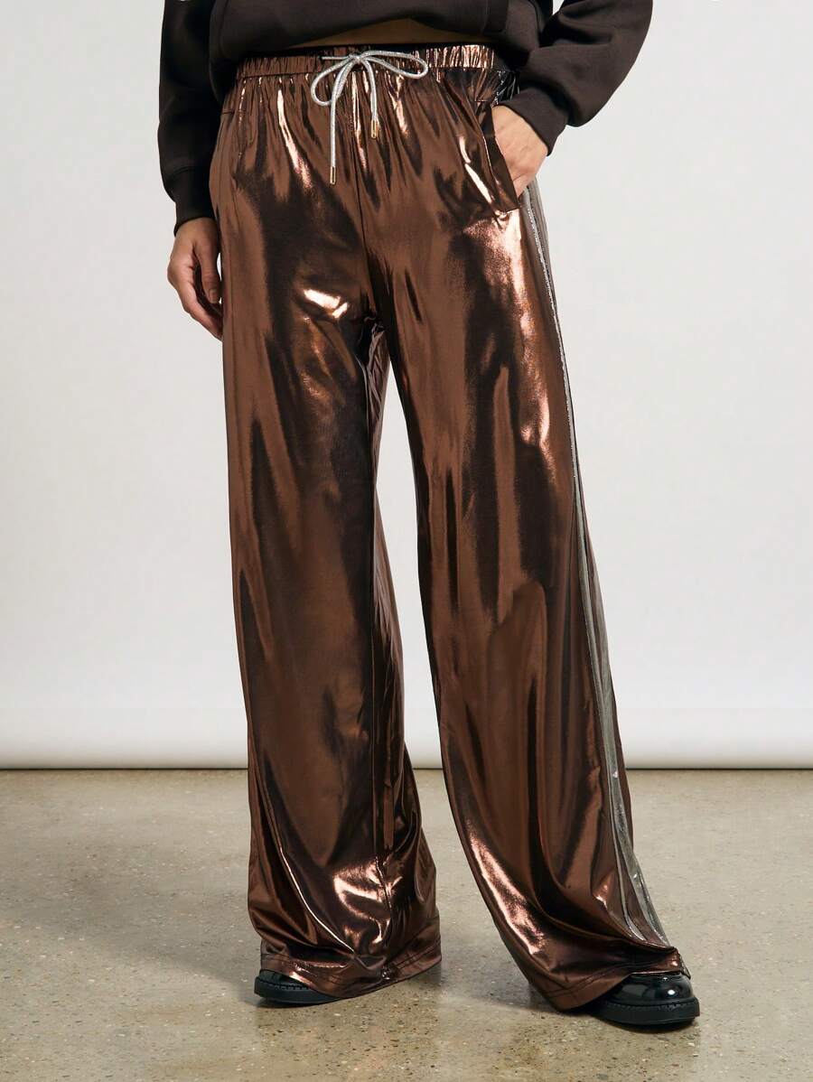 AiiRZ Weite Hose mit metallischer Optik, seitlichem Kontraststreifen und Kordel zum Binden