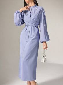 Heiryn 女士纯色立领灯笼袖收腰扭腰休闲中长连衣裙，秋季 - 藍色 - 查看 2