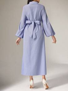 Heiryn 女士纯色立领灯笼袖收腰扭腰休闲中长连衣裙，秋季 - 藍色 - 查看 6