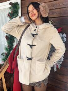 SHEIN EZwear Women's Casual Solid Color Horn Button Hooded Regular Jacket, Autumn/Winter