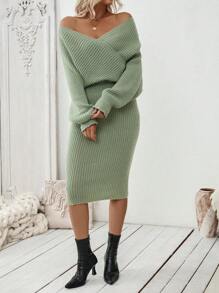 SHEIN Clasi Vestido de punto de manga larga con frente y espalda cruzados, casual para mujer en otoño/invierno - Verde - Ver 6