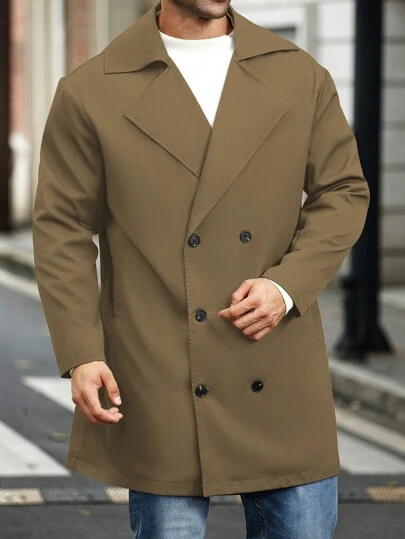 Manfinity Homme Men Plus Size Solid Color Lapel Neck Long Sleeve Double-Breasted Casual Trench Coat, Autumn