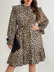 SHEIN LUNE Plus Size Frill Trim Leopard Print Long Sleeve Party Dress, Christmas - Multicolor - View 3