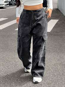 CovetEZ Plus Size Vintage Heavily Washed Street-Style Pocket Black Pants, Autumn/Winter - Black - View 1