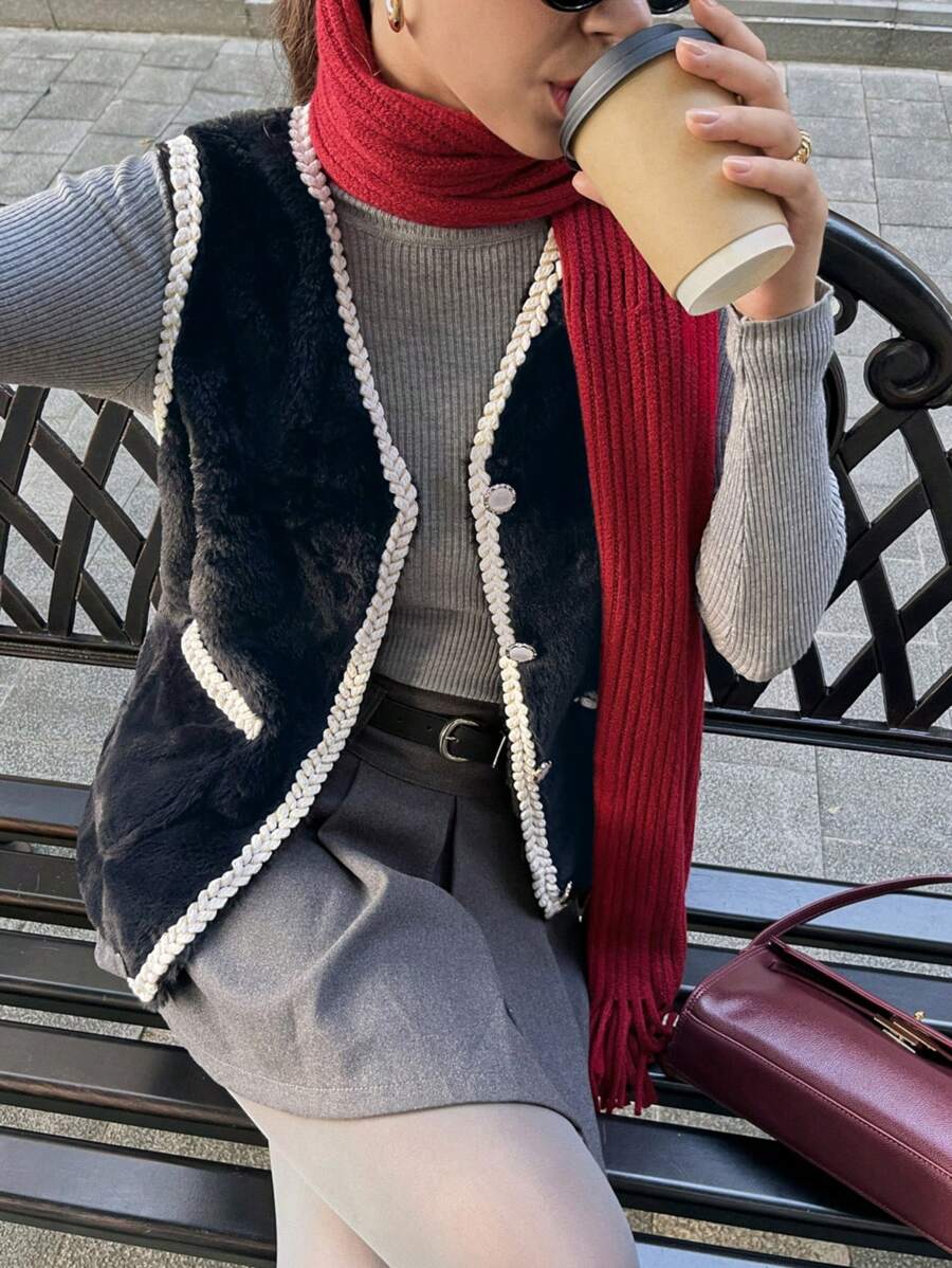 Chiquease Gilet col V à boutons devant avec bordure contrastante, pour l'automne/l'hiver - Noir - Voir 1