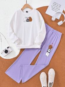 We Bare Bears X SHEIN Tween Girl Cartoon Bear Graphic Knit Crew Neck Loose Sweatshirt & Solid Flare Pants Casual 2pcs Set - Purple - View 2