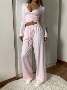 SHEIN EZwear Bộ đồ tập yoga thường ngày có cổ buộc dây và quần dài cho nữ - Hồng - Xem 4