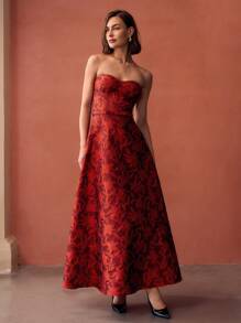 MOTF PREMIUM EMBROIDERY FLORAL PATTERN FLARE HEM BUSTIER TUBE LONG DRESS - Red - View 7