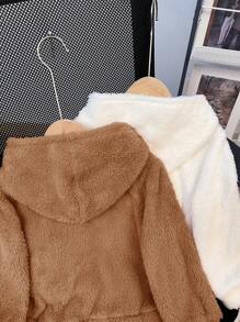 SHEIN Leap Crew 最便宜买 1 送 1 2 件/套全套年轻女孩全套纯色字母贴花毛绒泰迪连帽纯色（热粉色、米色）针织和羊毛保暖宽松休闲运动衫，秋季、冬季、学院风、返校 - 棕色 - 查看 5