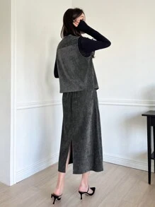 DAZY 2 件套：女士休闲外出纯色背心和裙子，秋季 - 深灰色 - 查看 2