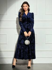 Modelyn Women V-Neck Crossed Wrap Elegant Long Sleeve Arabian Modest Dress Long Evening Dresses - Blue - View 4