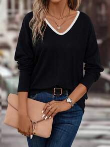 SHEIN LUNE 女士休闲 V 领撞色落肩宽松长袖 T 恤，春秋季 - 彩色 - 查看 4