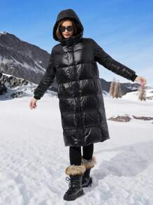 SHEIN EZwear Women's New Autumn And Winter Casual Hooded Loose Black Mid-Length Down& Feathers Jacket, 70 Cashmere - Black - View 4