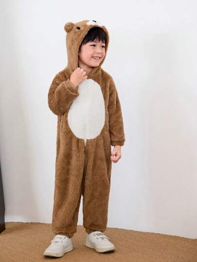 SHEIN Little Byeori 男小童休閒和可愛街頭風撞色3D耳朵設計連帽搖粒絨連身褲,適用於秋天和冬天