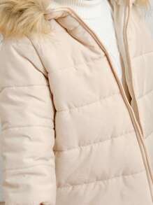 SHEIN Baby Girl Warm Thermal Lined Hooded Jacket With Fluffy Collar And Glove Set (Gloves Included), Khaki, Autumn/Winter