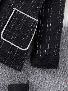 SHEIN 年轻女孩针织翻领长袖格子蓬松衬里外套，优雅时尚，适合秋冬季 - 黑色 - 查看 8