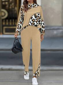 SHEIN LUNE Bộ 2 món/Bộ đồ nữ họa tiết da báo chắp vá tay cánh dơi và quần âu thường ngày, bộ đồ giải trí mùa thu - Màu Khaki - Xem 1