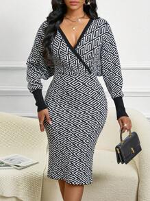 SHEIN Lady Autumn And Winter Vintage Concert/Music Festival Modest Work Office Casual Elegant Black White Worsted Overlap Collar Pencil Straight Batwing Sleeve Taping Border New Product Fit Fitted Dress Women Sweater Dresses - Black and White - View 7