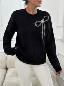 EURMUSE Casual Rhinestone Bow Decor Sweater, Autumn/Winter - Black - View 6